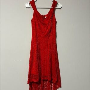 Red Lace High-Low Dress with Cowl Neck - Women